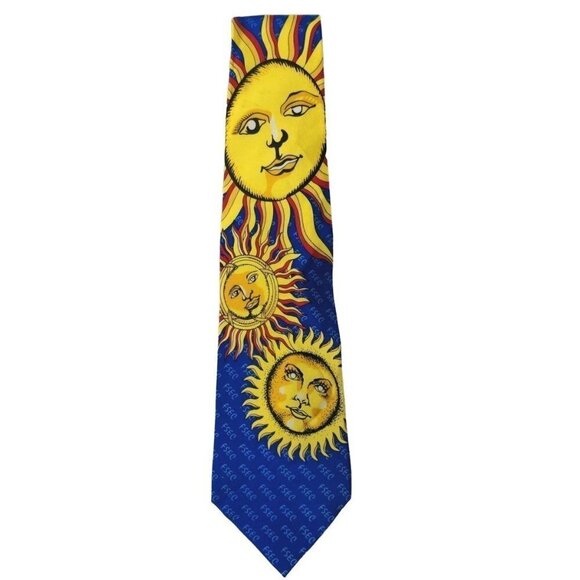 Sunshine Sun Face Blue Yellow Silk Novelty Necktie - Picture 4 of 8